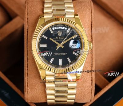 Swiss Replica Rolex Day Date 40 Black Baguette Diamond Dial Yellow Gold 2836 Watch